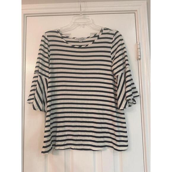 GREEN ENVELOPE Womens Top Size M Black White Striped Bell Sleeve Round Neck - Picture 2 of 5
